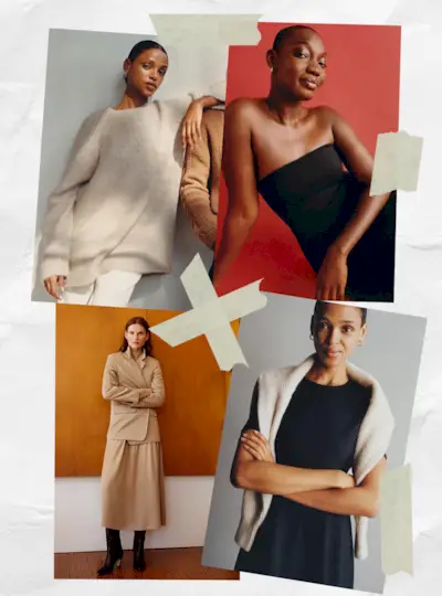 affordable quiet luxury brand, everlane, shown in a collage of image of models