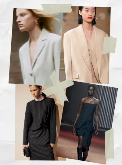 affordable quiet luxury brand, cos, shown in a collage of image of models