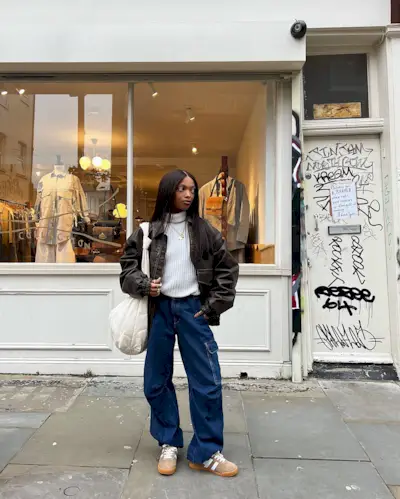 Influencer wears Gola trainers.