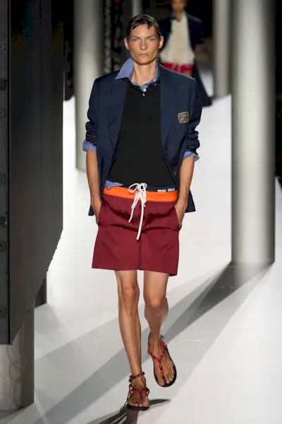 Model wears rope sandals on the Miu Miu spring/summer 2024 runway.