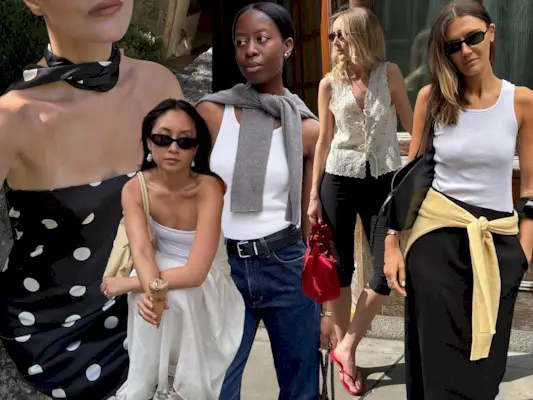 fashion collage of style influencers including Christie Tyler, Jordan Risa, Sylvie Mus, Chloe Butler, and Coco Schiffer wearing chic summer outfits that make you look like a fashion person