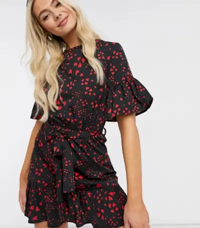 Topshop + Influence Tie-Waist Flippy Hem Mini Dress in Heart Print
