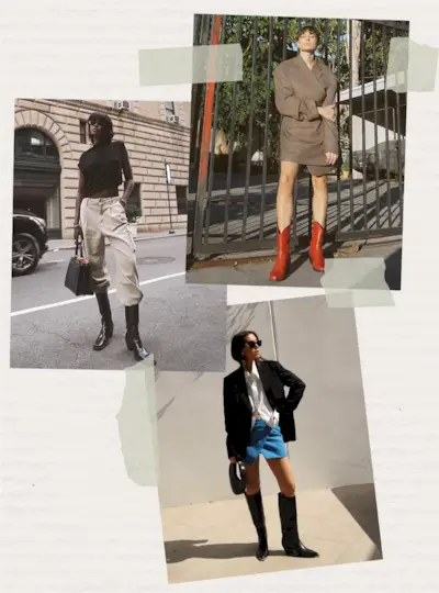 A collage of women wearing tailored separates with cowboy boots.