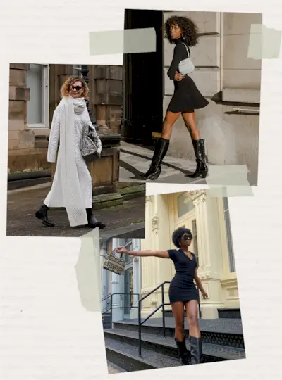 A collage of women wearing minimalist dresses with cowboy boots.