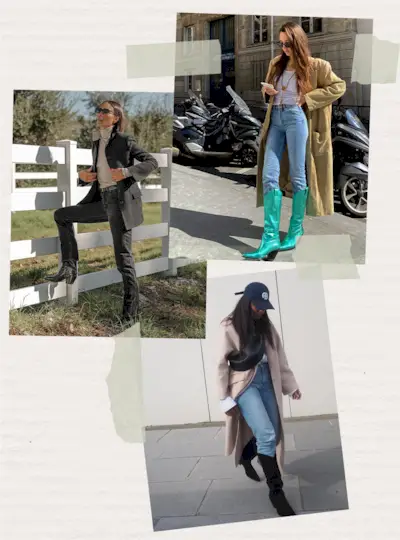 A collage of women wearing fitted denim with cowboy boots