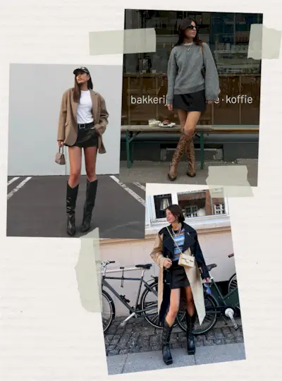 A collage of women wearing a miniskirt with cowboy boots.