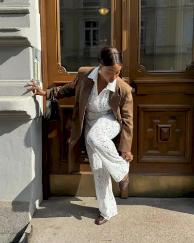 Summer Trouser Trends: @nnennaechem wears a pair of crochet trousers with a matching top