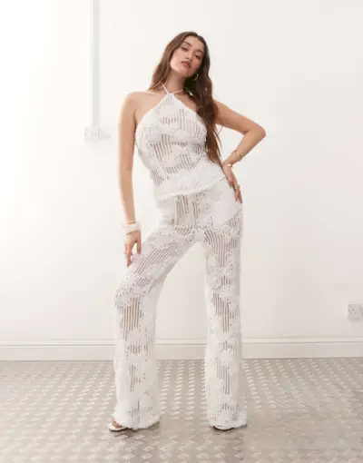Amy Lynn Cici Wide Leg Flare Crochet Trousers Co-Ord in White