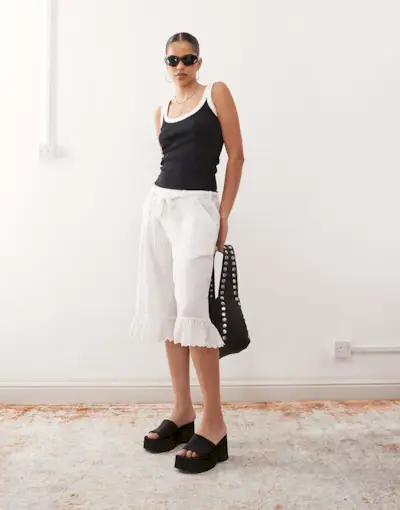 Collusion Ruffle Hem Cropped Trouser in White