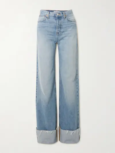 Frayed Mid-Rise Wide-Leg Jeans