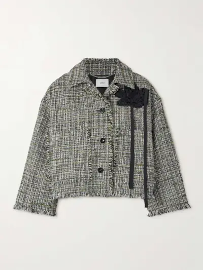 Cropped Appliquéd Frayed Tweed Jacket