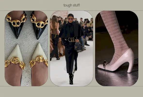 A collage of runway and influencer images featuring shoes with sculptural hardware.