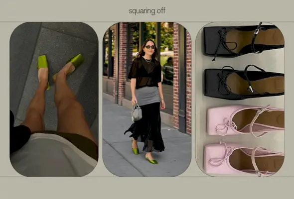A collage of influencer images featuring square-toe mules.