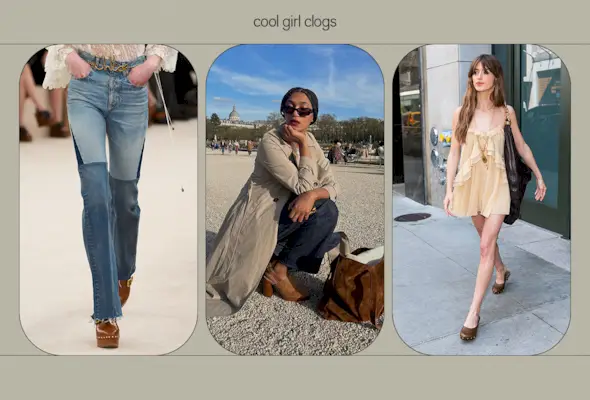 a collage of images featuring celebrities and influencers wearing clogs, including Daisy Edgar-Jones wearing a ruffled Chloé mini dress with brown Chloé clog mules