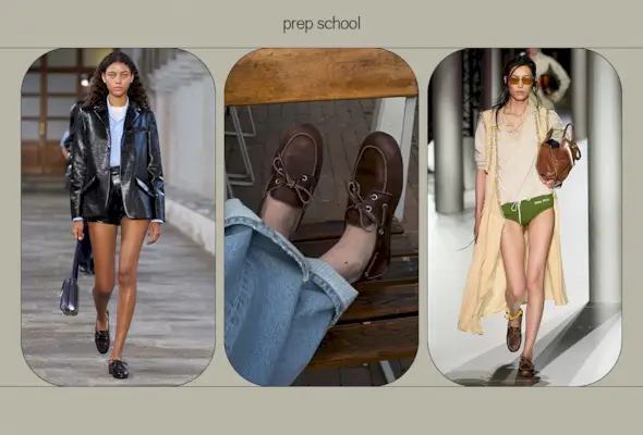 A collage of runway and influencer images featuring boat shoes.
