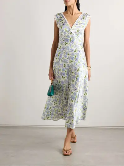 Tahlia Lace-Trimmed Floral-Print Silk-Charmeuse Midi Dress