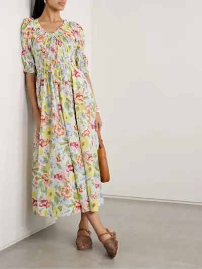 Ischia Shirred Floral-Print Cotton-Voile Midi Dress