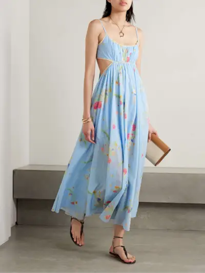 Lucky Picnic Cutout Crocheted Lace-Trimmed Printed Cotton-Voile Maxi Dress