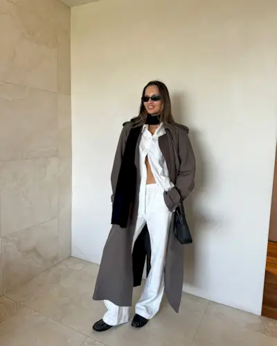 Influencer wears a brown trench coat.