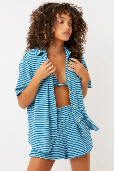 Frankies Bikinis + Coco Striped Terry Button Up Shirt in Positano Stripe