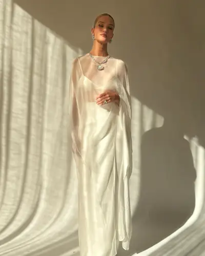 Rosie Huntington-Whiteley wears a sheer gown.