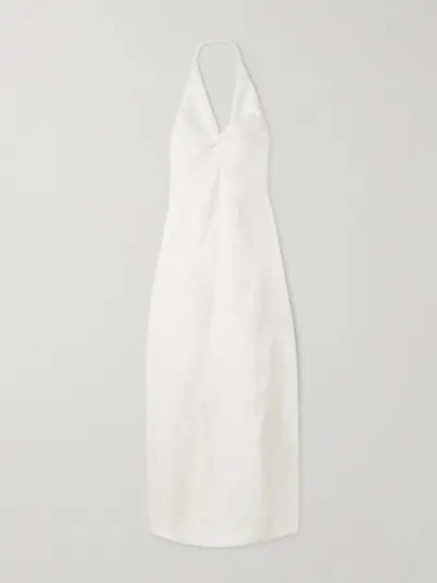 Alessandra Twist-Front Embroidered Linen Halterneck Midi Dress