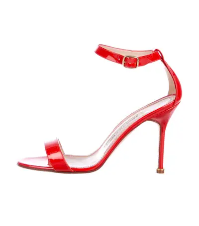 Manolo Blahnik + Patent Leather Ankle-Strap Sandals