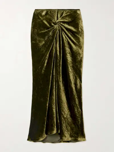 Ruched Velvet Midi Skirt