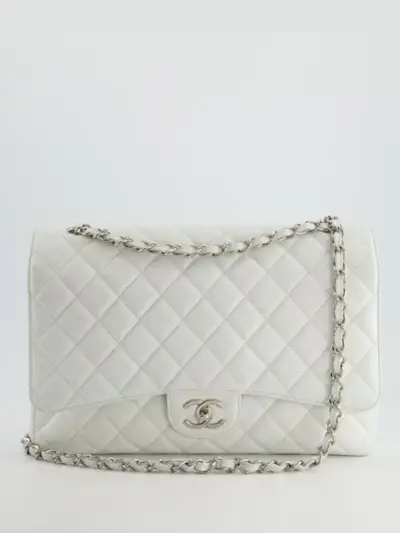Chanel White Classic Maxi Double Flap Bag in Caviar Leather With Silver Hardware