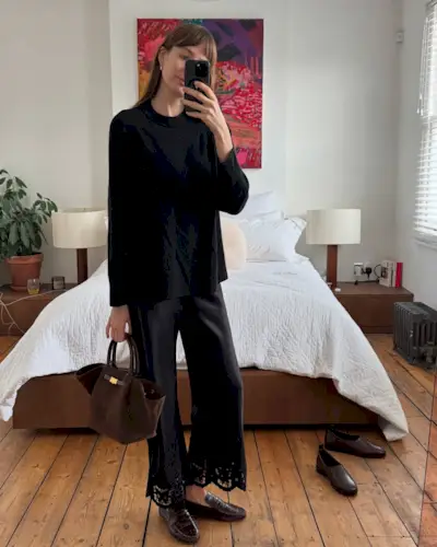 Lizzy Hadfield wearing embroidered pants.