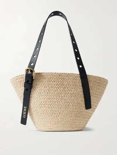 + Paula's Ibiza Punch Hole Small Leather-Trimmed Raffia Tote