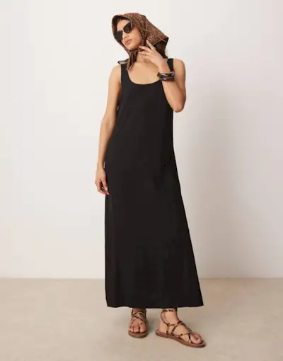 Asos Design Scoop Neck Midi Dress in Linen in Black