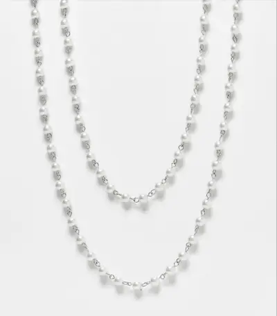 Asos Design + 2 Pack Layered Long Line Glass Faux Pearl Necklace