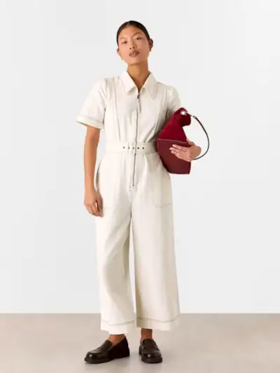 Whistles Petite Denim Pintuck Belted Jumpsuit