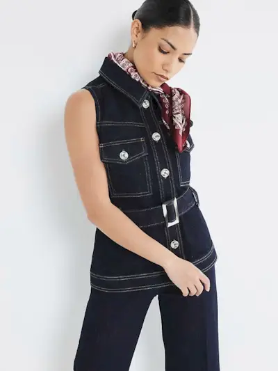 River Island Petite Blue Denim Belted Top