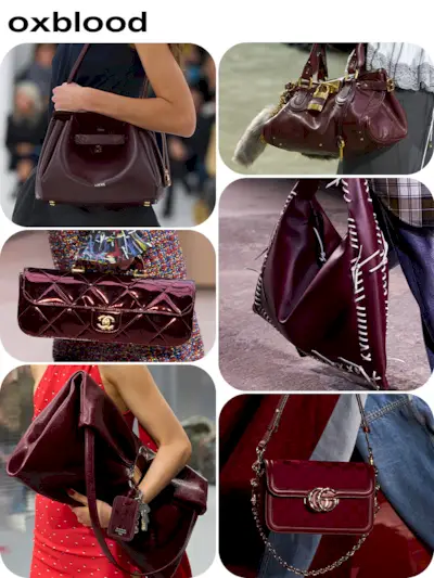 Collage of oxblood handbags.