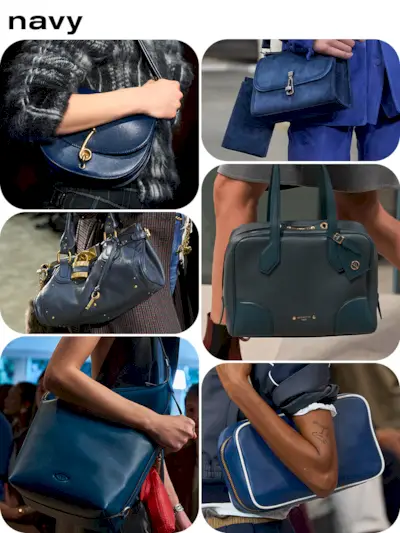 Collage of navy handbags.
