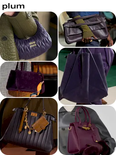 Collage of purple handbags.