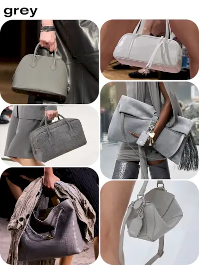 Collage of gray handbags.