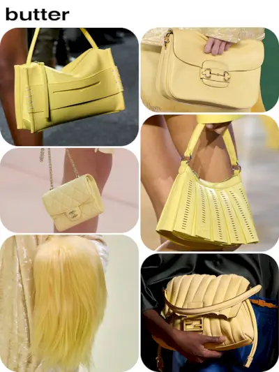 Collage of butter yellow handbags.