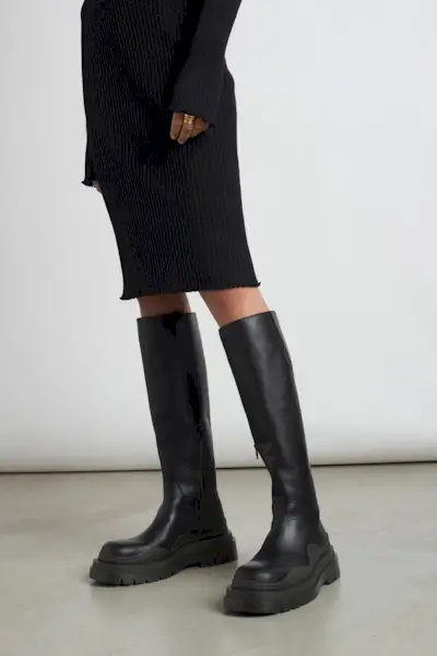 Bottega Veneta + Tire Rubber-Trimmed Leather Knee Boots