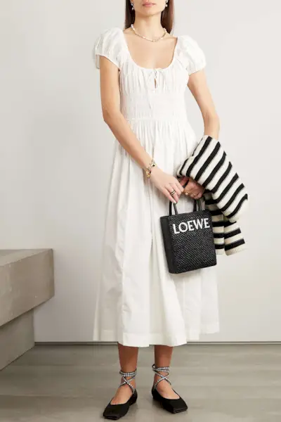 DÔEN + NET SUSTAIN Quinn tie-detailed shirred organic cotton-poplin midi dress