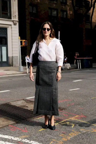 Woman wearing a column skirt during NYFW S/S 26.
