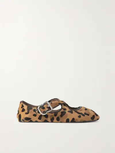 Criss Cross Patent-Leather Trimmed Leopard-Print Calf Hair Ballet Flats