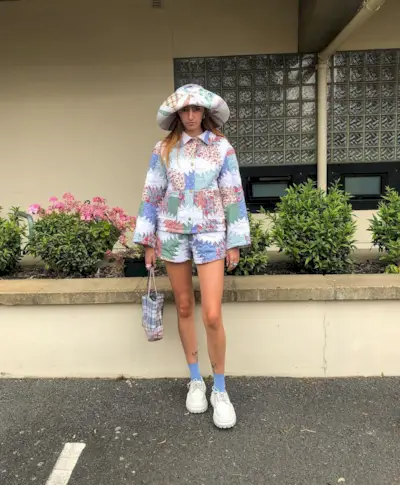 Woman wearing a quilted matching set.