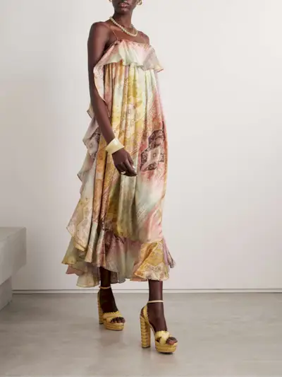 Tallow Ruffled Printed Silk Maxi Dress