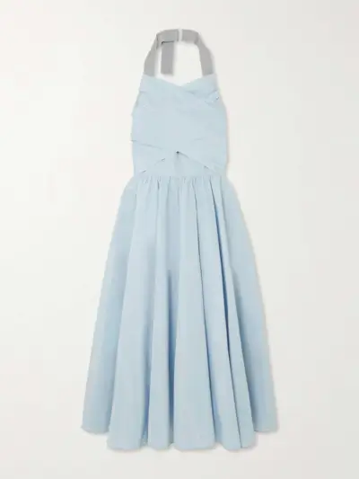 Pleated Poplin Halterneck Midi Dress