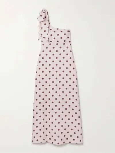 Acacia One-Shoulder Bow-Embellished Polka-Dot Linen Midi Dress