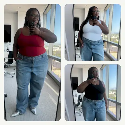 Chichi wears different Tank Air Tank tops in red, white, and black with jeans 